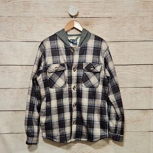 NWT Brooklyns Best Blue Gray Sherpa Lined Plaid Button-Up Hoodie Jacket Mediun